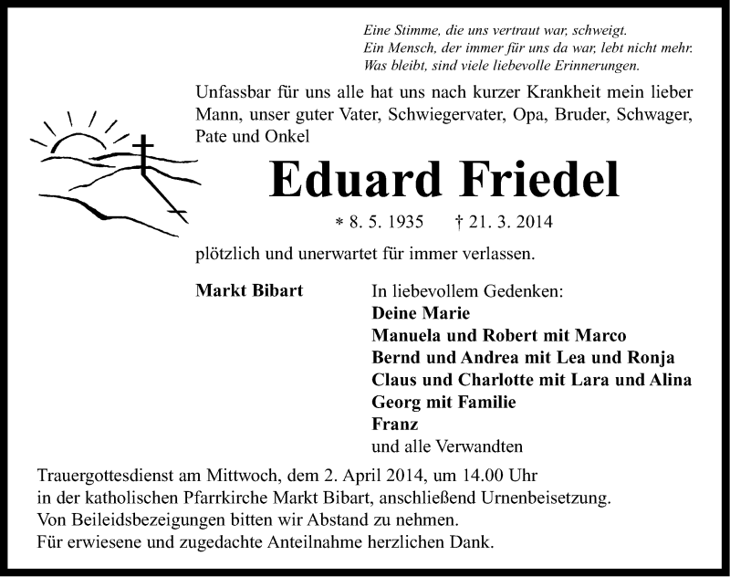  Traueranzeige für Eduard Friedel vom 29.03.2014 aus Neustadt/ Scheinfeld/ Uffenheim
