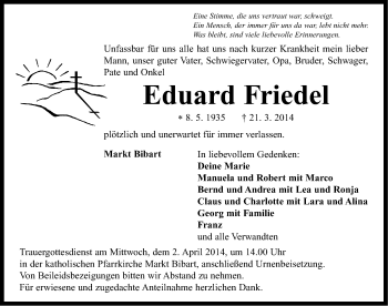 Traueranzeige von Eduard Friedel von Neustadt/ Scheinfeld/ Uffenheim