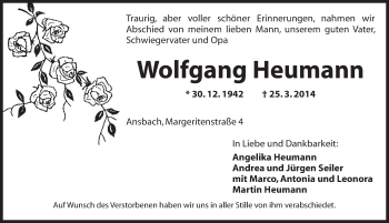 Traueranzeige von Wolfgang Heumann von Ansbach