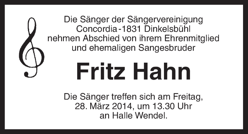 Traueranzeige für Fritz Hahn vom 27.03.2014 aus Dinkelsbühl/ Feuchtwangen