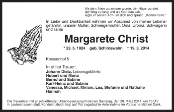 Traueranzeige von Margarete Christ von Ansbach