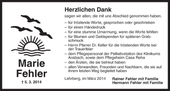 Traueranzeige von Marie Fehler von Ansbach
