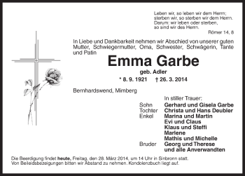 Traueranzeige von Emma Garbe von Dinkelsbühl/ Feuchtwangen