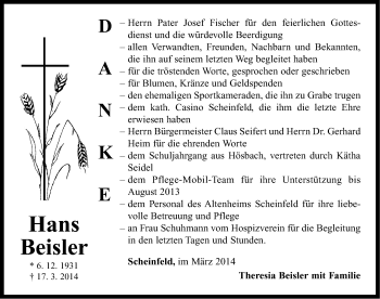 Traueranzeige von Hans Beisler von Neustadt/ Scheinfeld/ Uffenheim