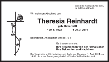 Traueranzeige von Theresia Reinhardt von Dinkelsbühl/ Feuchtwangen