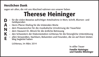 Traueranzeige von Therese Heininger von Ansbach