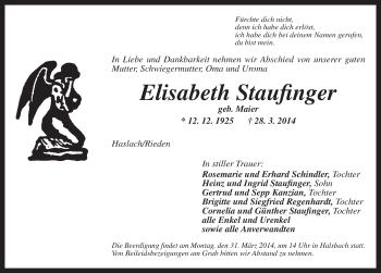 Traueranzeige von Elisabeth Staufinger von Dinkelsbühl/ Feuchtwangen