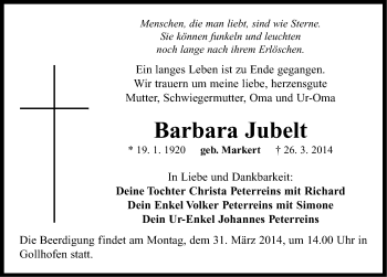 Traueranzeige von Barbara Jubelt von Neustadt/ Scheinfeld/ Uffenheim