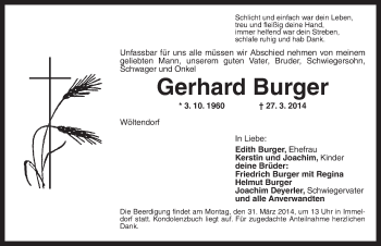 Traueranzeige von Gerhard Burger von Ansbach