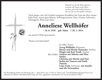 Traueranzeige von Anneliese Wellhöfer von Dinkelsbühl/ Feuchtwangen