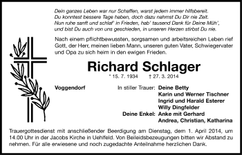 Traueranzeige von Richard Schlager von Neustadt/ Scheinfeld/ Uffenheim