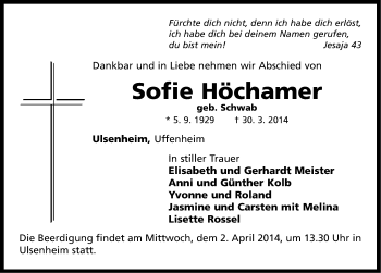 Traueranzeige von Sofie Höchamer von Neustadt/ Scheinfeld/ Uffenheim