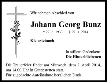Traueranzeige von Johann Georg Bunz von Neustadt/ Scheinfeld/ Uffenheim