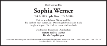 Traueranzeige von Sophia Werner von Ansbach