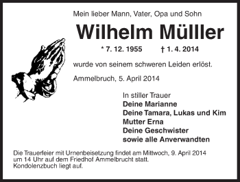 Traueranzeige von Wilhelm Müller von Dinkelsbühl/ Feuchtwangen