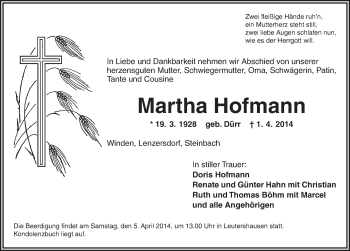 Traueranzeige von Martha Hofmann von Ansbach