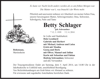 Traueranzeige von Betty Schlager von Neustadt/ Scheinfeld/ Uffenheim