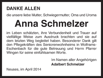 Traueranzeige von Anna Schmelzer von Ansbach