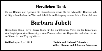 Traueranzeige von Barbara Jubelt von Neustadt/ Scheinfeld/ Uffenheim