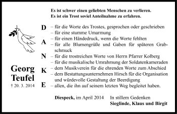 Traueranzeige von Georg Teufel von Neustadt/ Scheinfeld/ Uffenheim