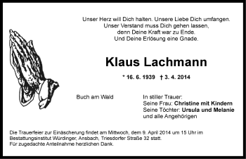 Traueranzeige von Klaus Lachmann von Ansbach