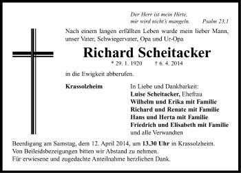 Traueranzeige von Richard Scheitacker von Neustadt/ Scheinfeld/ Uffenheim