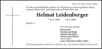 Traueranzeige von Helmut Leidenberger von Ansbach