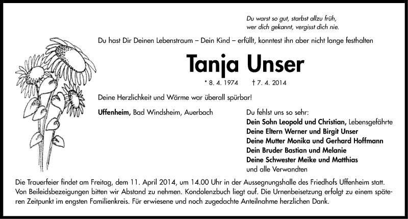 Traueranzeige für Tanja Unser vom 09.04.2014 aus Neustadt/ Scheinfeld/ Uffenheim