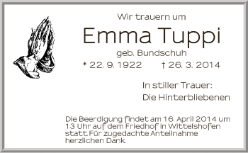 Traueranzeige von Emma Tuppi von Dinkelsbühl/ Feuchtwangen