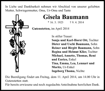 Traueranzeige von Gisela Baumann von Neustadt/ Scheinfeld/ Uffenheim