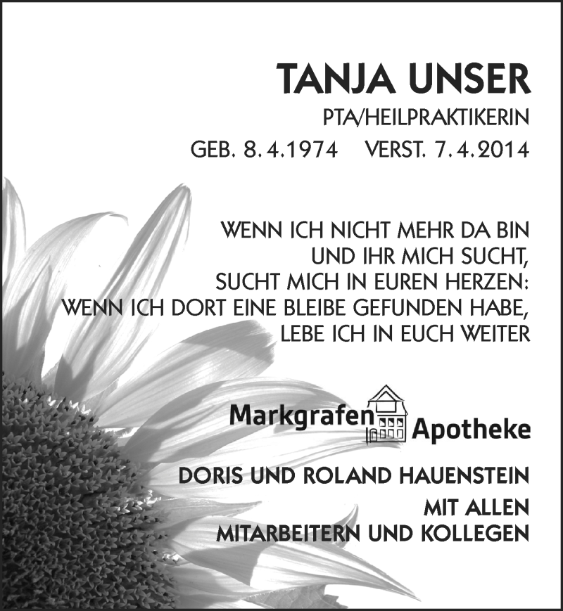  Traueranzeige für Tanja Unser vom 10.04.2014 aus Ansbach