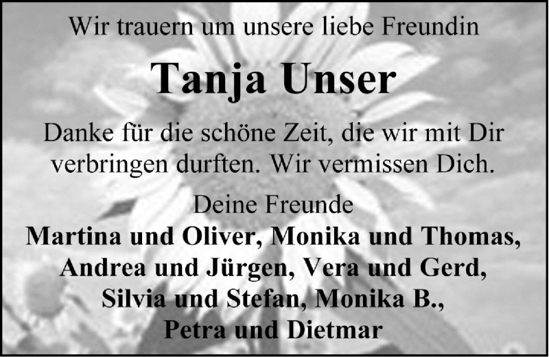  Traueranzeige für Tanja Unser vom 11.04.2014 aus Neustadt/ Scheinfeld/ Uffenheim