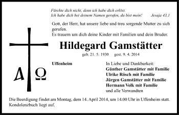 Traueranzeige von Hildegard Gamstätter von Neustadt/ Scheinfeld/ Uffenheim
