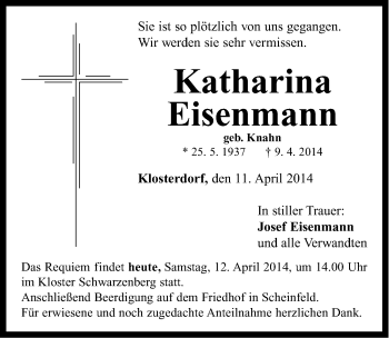 Traueranzeige von Katharina Eisenmann von Neustadt/ Scheinfeld/ Uffenheim