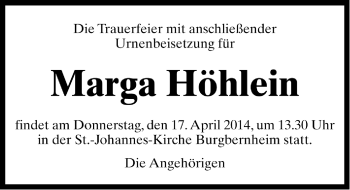 Traueranzeige von Marga Höhlein von Neustadt/ Scheinfeld/ Uffenheim