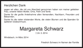 Traueranzeige von Margareta Schwarz von Ansbach