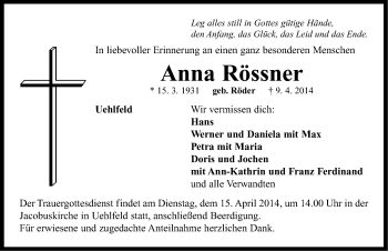 Traueranzeige von Anna Rössner von Neustadt/ Scheinfeld/ Uffenheim