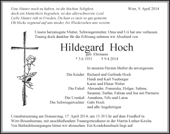 Traueranzeige von Hildegard Hoch von Dinkelsbühl/ Feuchtwangen