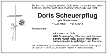 Traueranzeige von Doris Scheuerpflug von Dinkelsbühl/ Feuchtwangen