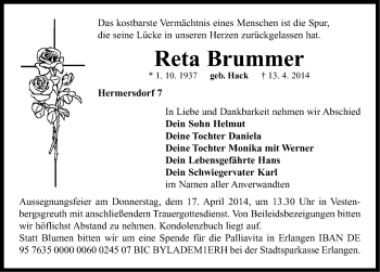 Traueranzeige von Reta Brummer von Neustadt/ Scheinfeld/ Uffenheim