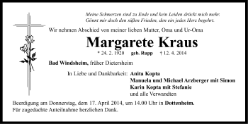 Traueranzeige von Margarete Kraus von Neustadt/ Scheinfeld/ Uffenheim