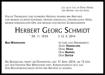 Traueranzeige von Herbert Georg Schmidt von Neustadt/ Scheinfeld/ Uffenheim