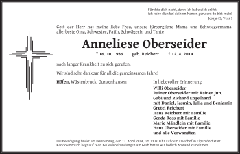 Traueranzeige von Anneliese Oberseider von Ansbach