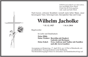 Traueranzeige von Wilhelm Jacholke von Dinkelsbühl/ Feuchtwangen