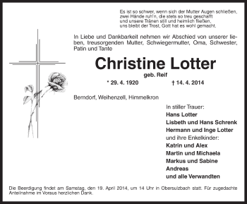 Traueranzeige von Christine Lotter von Ansbach