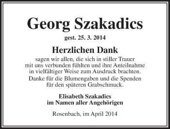 Traueranzeige von Georg Szakadics von Ansbach