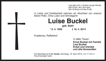 Traueranzeige von Luise Buckel von Dinkelsbühl/ Feuchtwangen