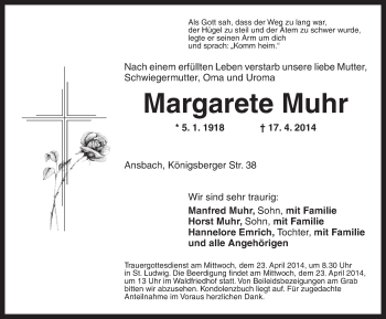 Traueranzeige von Margarete Muhr von Ansbach