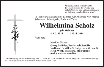 Traueranzeige von Wilhelmina Scholz von Ansbach