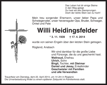 Traueranzeige von Willi Heidingsfelder von Ansbach